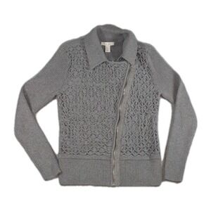 White House Black Market Textured Asymmetrical Zipper Heather Grey Sweater Sz LG